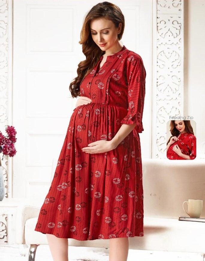 Minelli Women's Printed Maternity/ Feeding/ Nursing Mid Length Gown- RED Minelli Women's Printed Maternity/ Feeding/ Nursing Mid Length Gown- RED