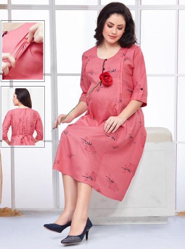 Minelli Women's Printed Maternity/ Feeding/ Nursing Mid Length Gown- Pink