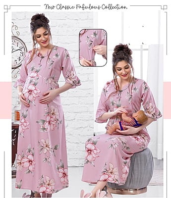 Minelli Printed Maternity / Feeding Gown - Pink Full Length
