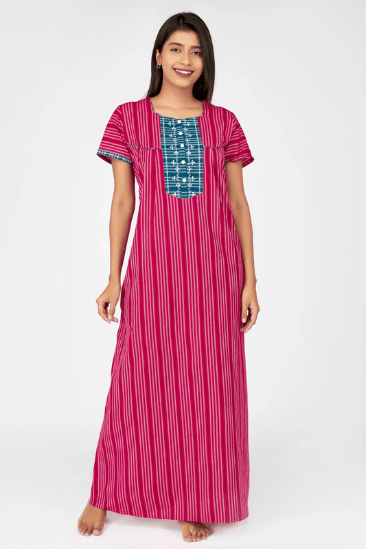 Pin Striped & Minimal Embroidered Nighty - Pink