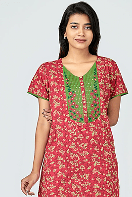 Allover Floral Printed Nighty with Floral Embroidery - Red
