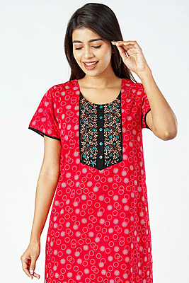Floral Embroidered & Geometric Printed Nighty - Red