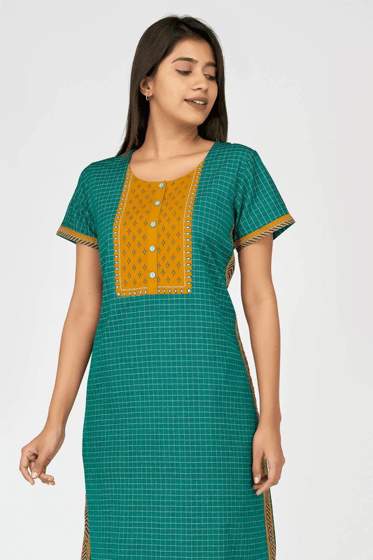 Pin Checked & Minimal Printed Nighty - Green