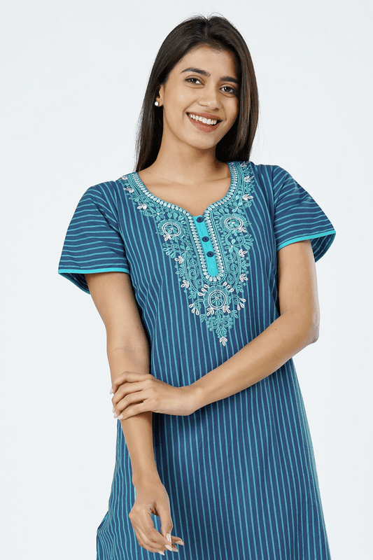 Floral Embroidered & Bengal Striped Nighty - Navy