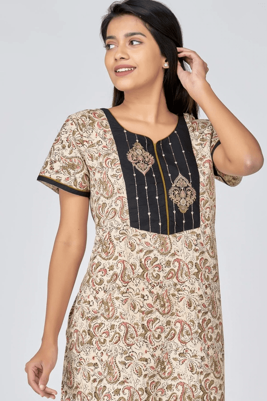 Kalamkari Printed & Motif Embroidered Nighty - Black