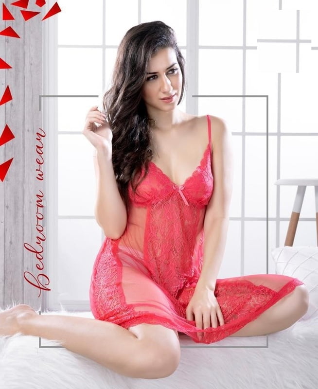 Minelli Lace N Mesh Babydoll with matching Thong - Light Red (Free Size)
