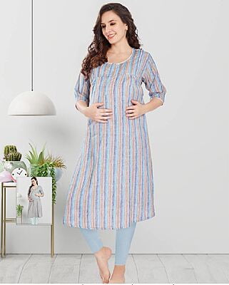 Minelli Maternity & Nursing Kurti with enclosed Zip and adjustable Belt - Light Blue Stripes