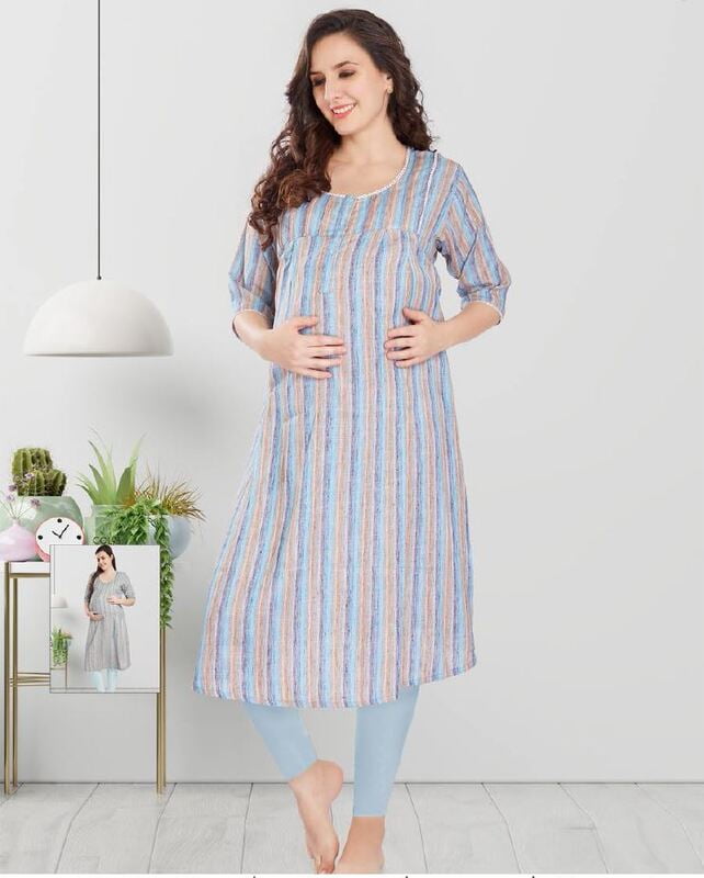 Minelli Maternity & Nursing Kurti with enclosed Zip and adjustable Belt - Light Blue Stripes