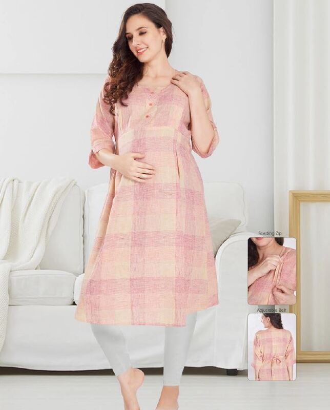 Minelli Maternity & Nursing Kurti with enclosed Zip and adjustable Belt -Pink Squares