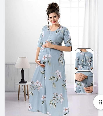 Minelli Printed Maternity / Feeding Gown - Light Blue Full Length