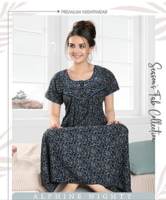 Minelli Pleat Alpine Nightdress - Dark Blue Leaves