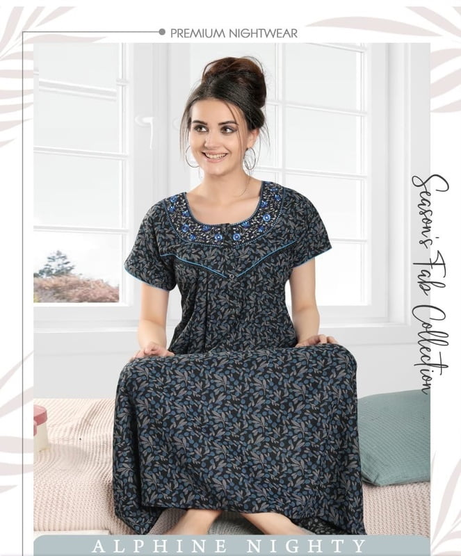 Minelli Pleat Alpine Nightdress - Dark Blue Leaves Minelli Pleat Alpine Nightdress - Dark Blue Leaves