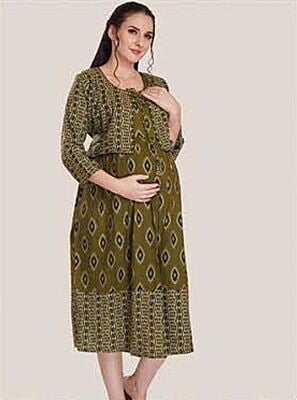 Minelli Printed Maternity / Feeding Gown - Olive Green Jacket & 3/4th Gown