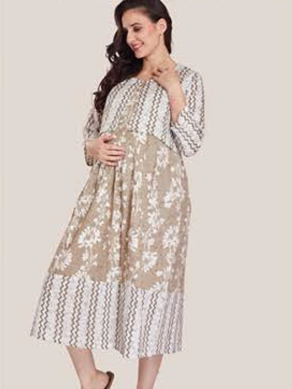 Minelli Printed Maternity / Feeding Gown - Light Gray Jacket & 3/4th Gown