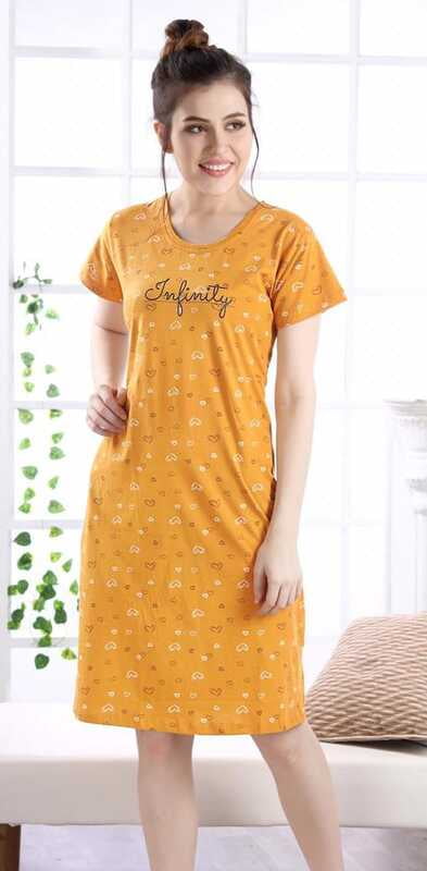 Infinity Printed Yellow Short Nighty - Hosiery Cotton