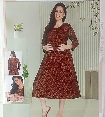 Minelli Printed Maternity / Feeding Gown - Red Printed 3/4th Gown