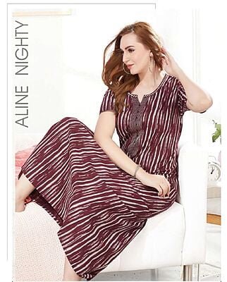 Minelli Full Length Aline Superior Cotton Nightdress - Magenta Stripes