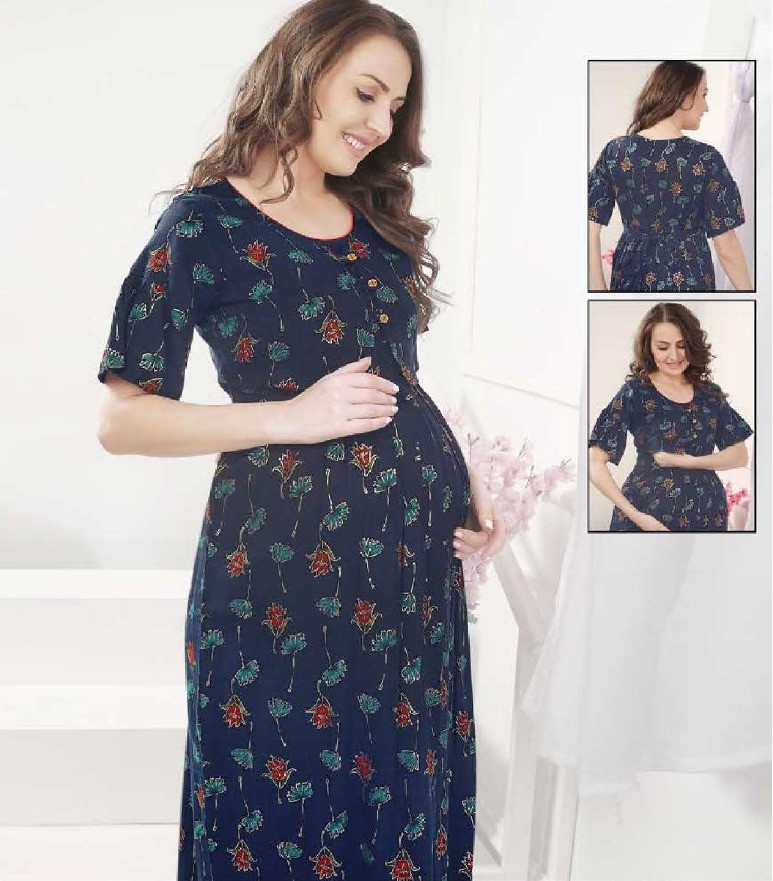 Minelli Women's Printed Long Feeding Nightdress - Blue Flower