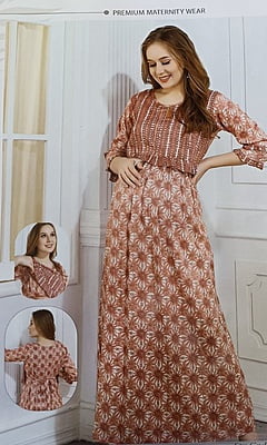 Minelli Printed Maternity / Feeding Gown - Brown Flowers