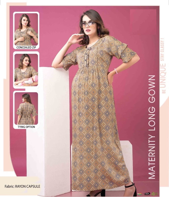 Minelli Printed Maternity / Feeding Full Length Nighty - 19346B Minelli Printed Maternity / Feeding Full Length Nighty - 19346B