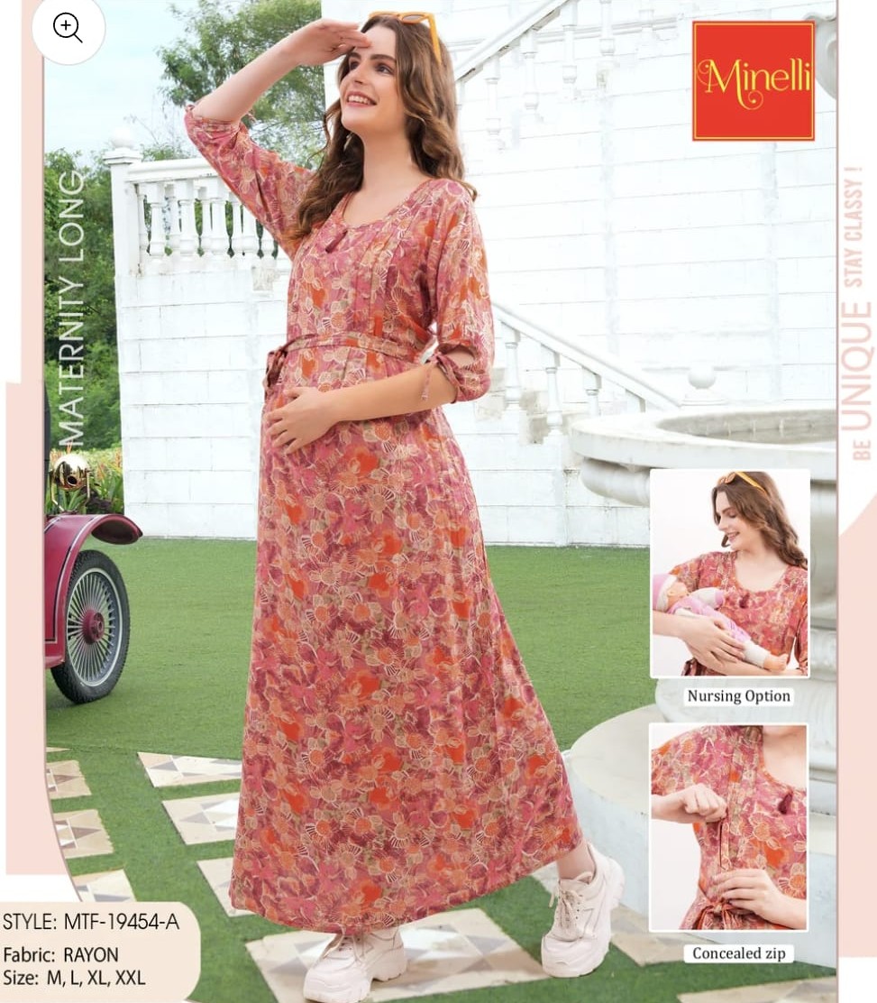 Minelli Printed Maternity / Feeding Long Rayon Gown - 19454A