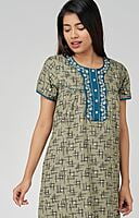 Maybell All Over Abstract Printed Nighty With Floral Embroidery Grey