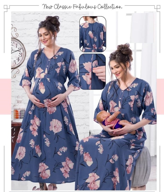 Minelli Printed Maternity / Feeding Gown - Blue Full Length