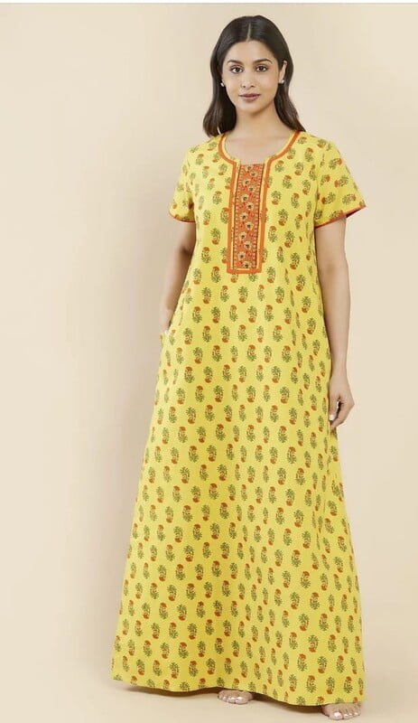 Floral Embroidered Yoke With All Over Floral Motif Printed Nighty - Yellow
