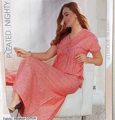 Minelli Full Length Pleated Premium Cotton Nightdress - Light Pink