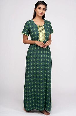 Maybell All Over Ethnic Print Nighty With Intricate Ditsy Floral Embroidery Green