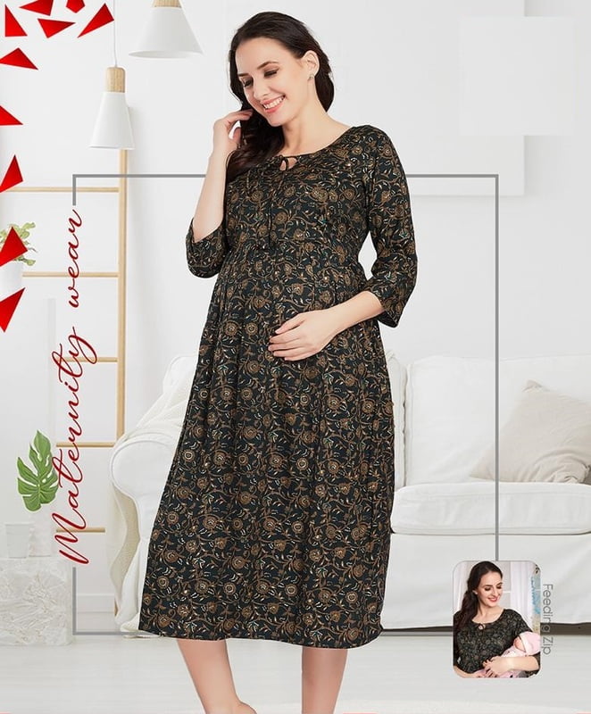 Minelli Printed Maternity / Feeding Gown - Black 3/4th