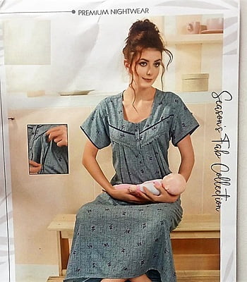 Minelli Printed Maternity / Feeding Full Length Cotton Nighty - Grey Flowers
