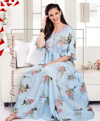 Minelli Womens Printed Ghagra Nighty - Sky Blue Flowers