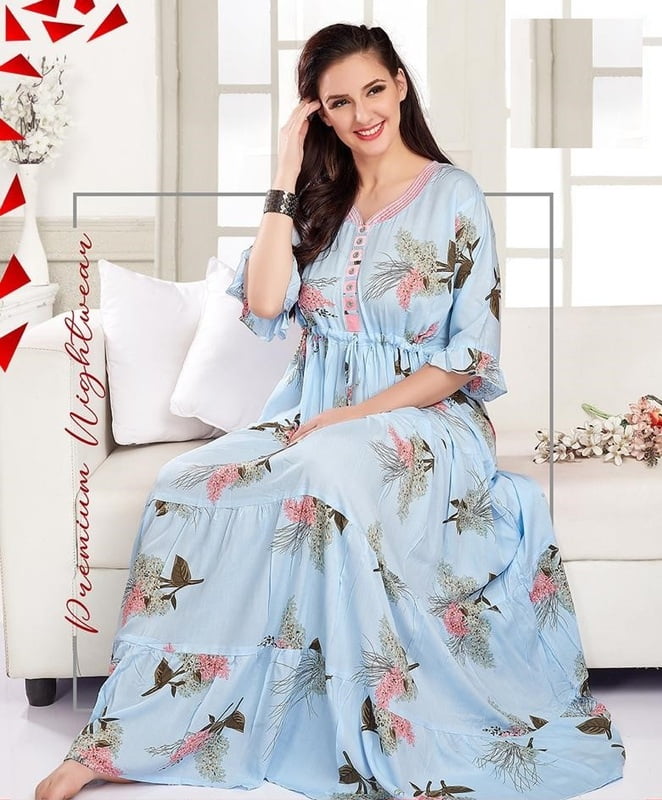 Minelli Womens Printed Ghagra Nighty - Sky Blue Flowers Minelli Womens Printed Ghagra Nighty - Sky Blue Flowers