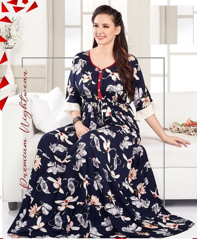 Minelli Womens Printed Ghagra Nighty - Navy Blue Flowers Minelli Womens Printed Ghagra Nighty - Navy Blue Flowers