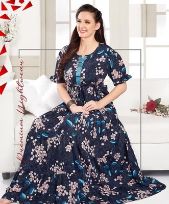 Minelli Womens Printed Ghagra Nighty - Navy Blue