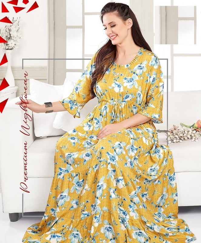 Minelli Womens Printed Ghagra Nighty - Yellow Flower Minelli Womens Printed Ghagra Nighty - Yellow Flower