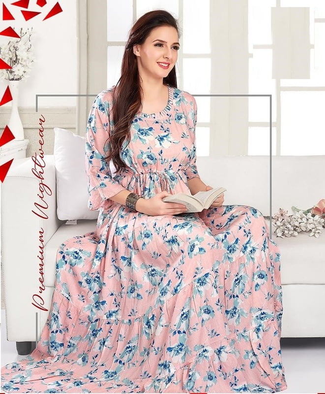 Minelli Womens Printed Ghagra Nighty - Pink Flower Minelli Womens Printed Ghagra Nighty - Pink Flower