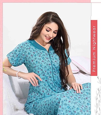 Minelli Full Length Cotton Nightdress - Blue Flower