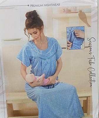 Minelli Printed Maternity / Feeding Full Length Cotton Nighty - Blue Flowers