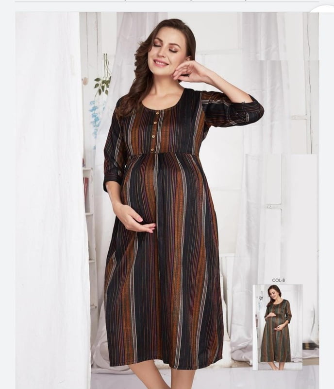 Minelli Printed Maternity / Feeding Gown - Striped Brown 3/4th
