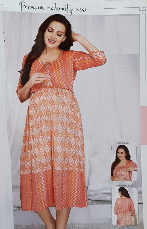 Minelli Printed Maternity / Feeding Gown - Orange Jacket 3/4th