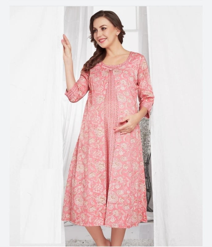 Minelli Printed Maternity / Feeding Gown - Light Pink Full Jacket 3/4th Minelli Printed Maternity / Feeding Gown - Light Pink Full Jacket 3/4th