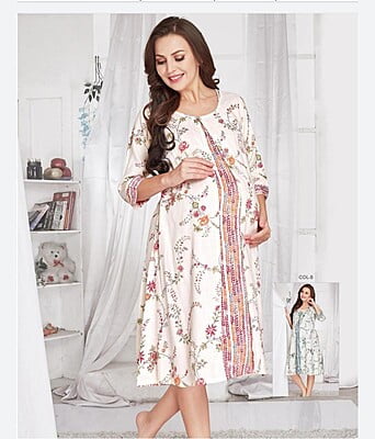 Minelli Printed Maternity / Feeding Gown - White Orange Flowers Jacket 3/4th