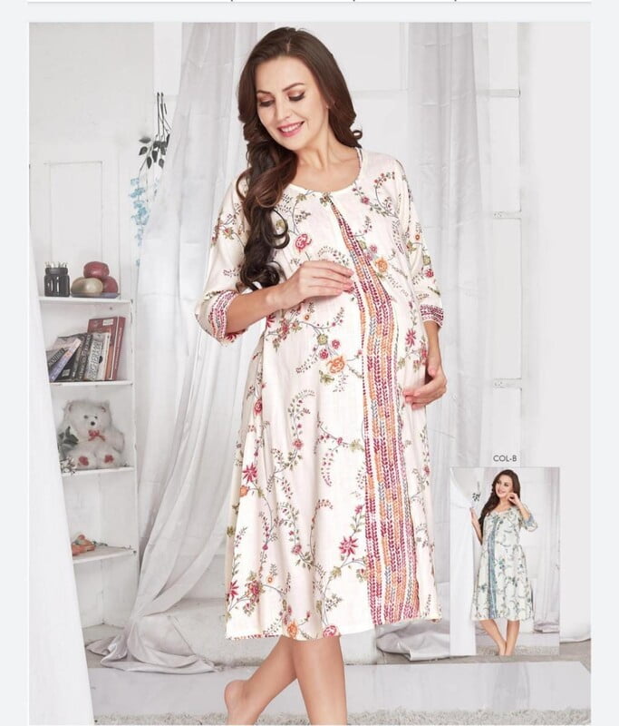 Minelli Printed Maternity / Feeding Gown - White Orange Flowers Jacket 3/4th Minelli Printed Maternity / Feeding Gown - White Orange Flowers Jacket 3/4th