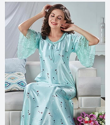 Minelli Italian Satin Full Length Nightdress - Light Blue Frills