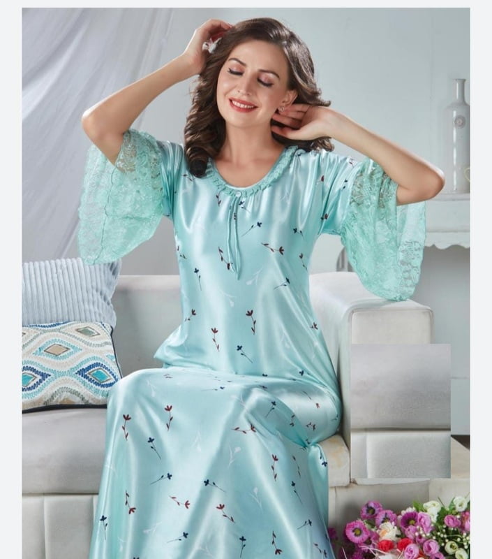 Minelli Italian Satin Full Length Nightdress - Light Blue Frills Minelli Italian Satin Full Length Nightdress - Light Blue Frills