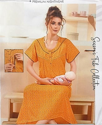 Minelli Printed Maternity / Feeding Full Length Cotton Nighty - Yellow Prints
