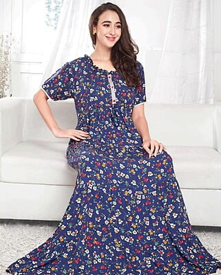 Minelli Womens Printed Flare Rayon Ghagra Nighty - Navy Blue