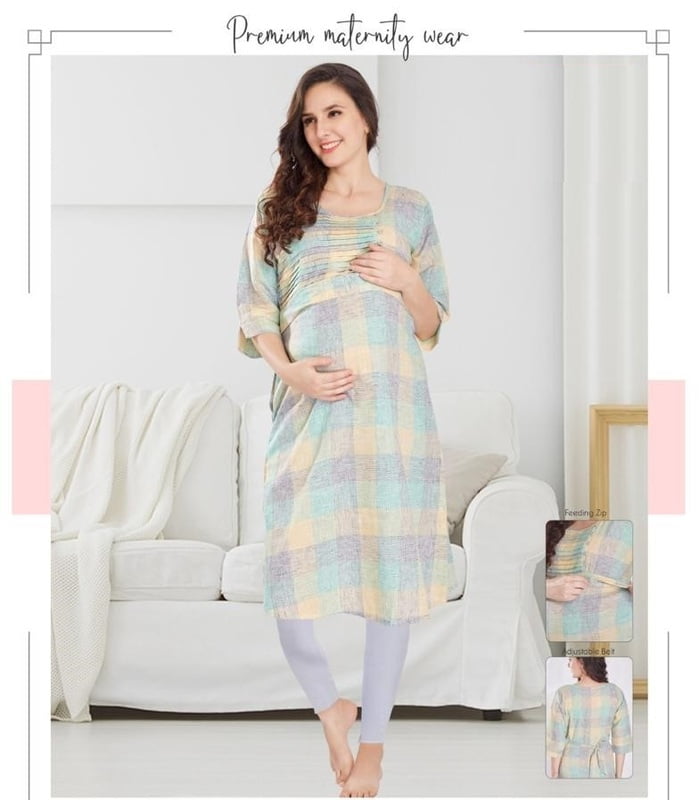 Minelli Maternity & Nursing Kurti with enclosed Zip and adjustable Belt - Light Blue